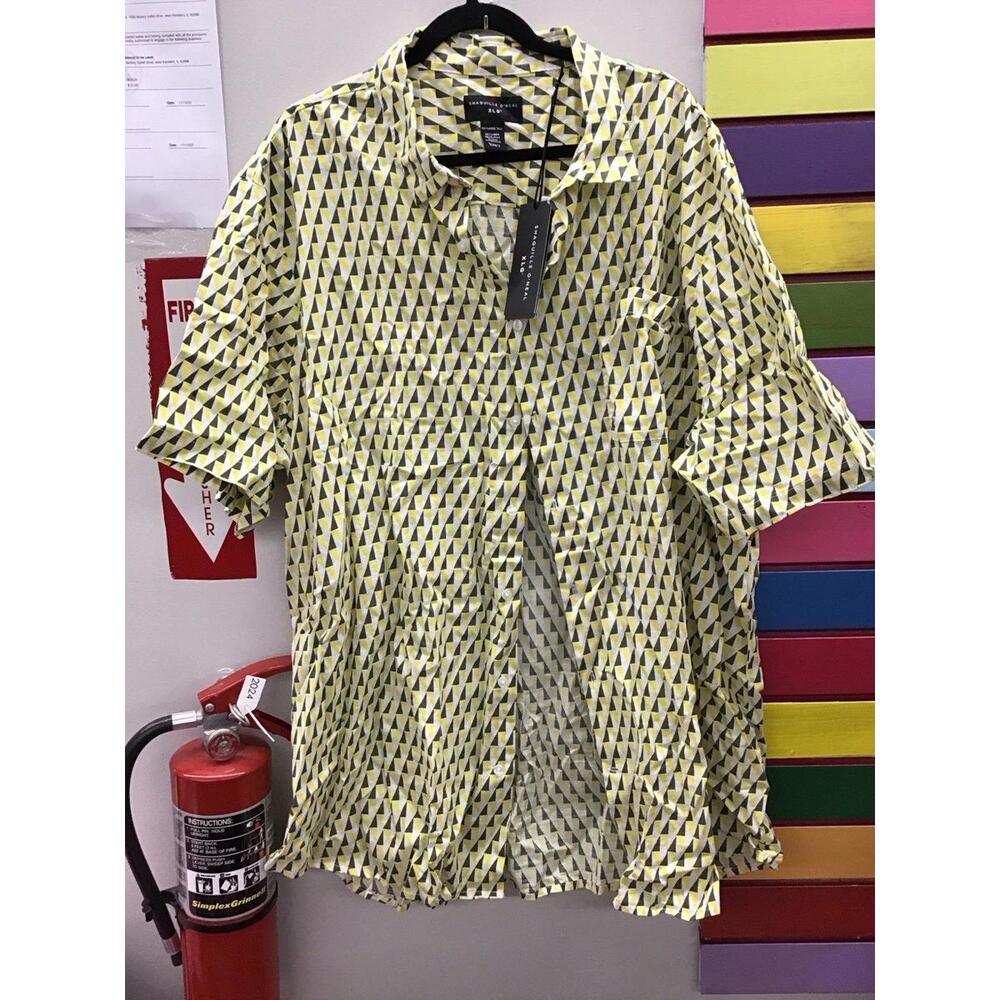 Shaquille O’Neil yellow diamond linen button down short sleeve short 3XLT new